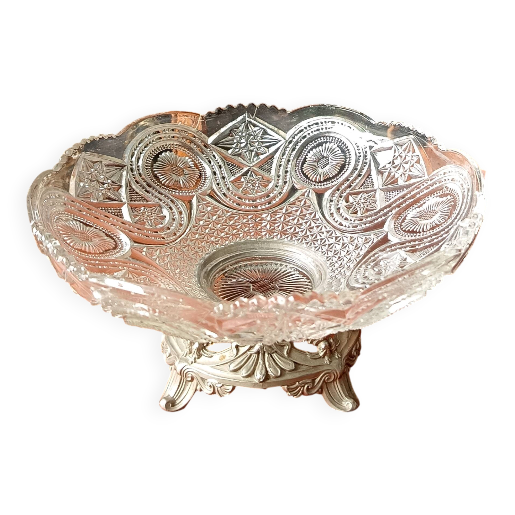 Transparent glass dish on vintage metal stand