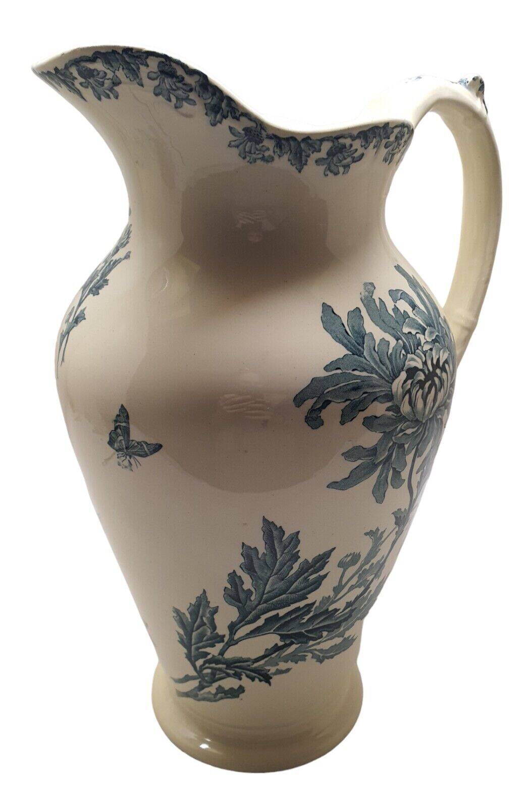 Ancien Grand Broc de Toilette Saint Amand Et Hamage St Anonyme Pivoine Vert