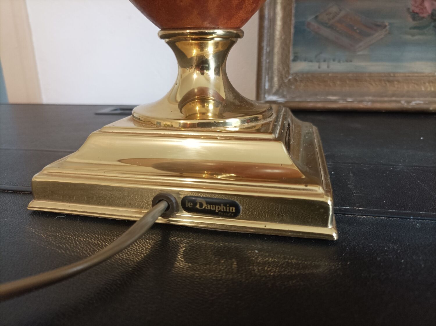 Le Dauphin lamp France vintage leather and brass