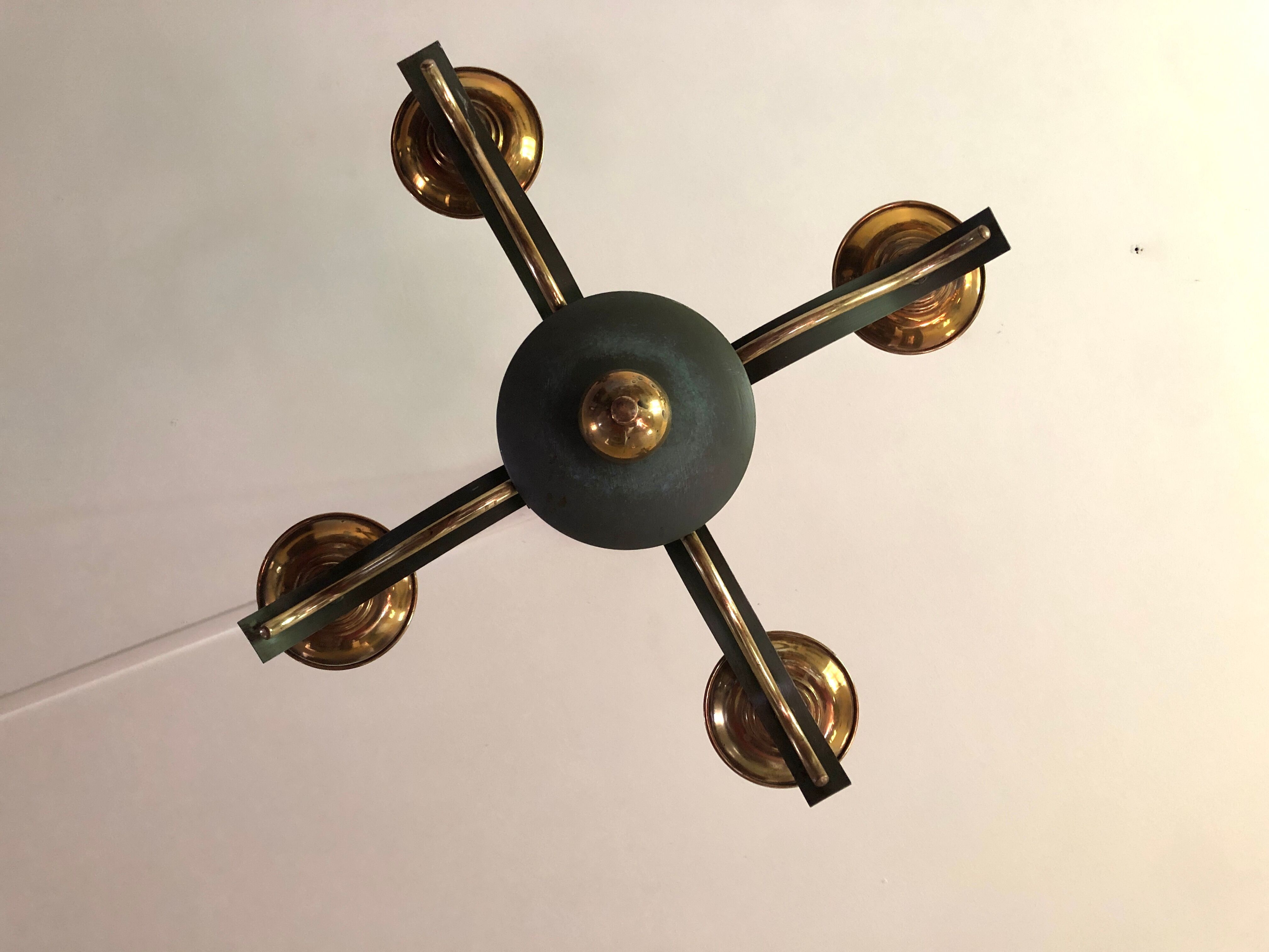 Celadon green modernist chandelier and solid brass