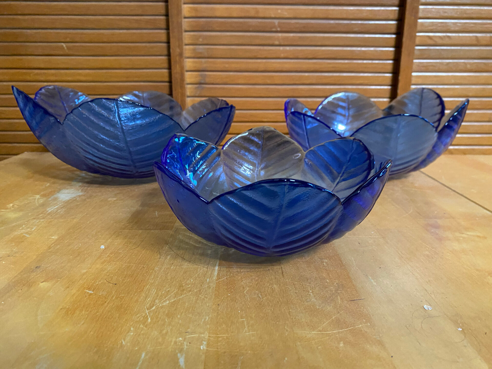 Set of 3 Cobalt Blue Moulded Glass Bowls in Flower Petal Shape Vintage