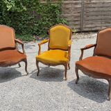 Louis XV armchair suite in carved wood – ochre and saffron velvet