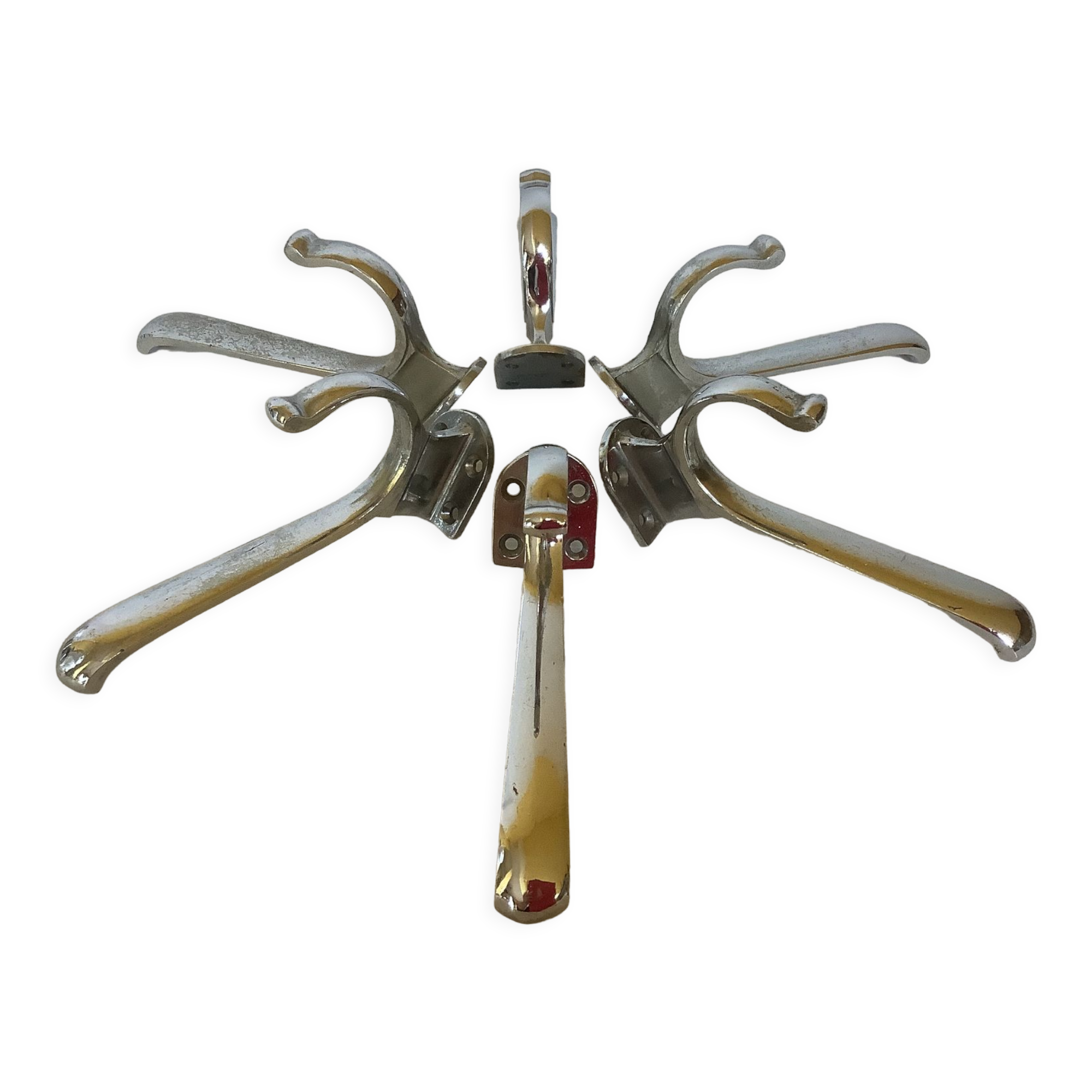 Six old chrome-plated metal hooks
