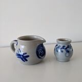 Pot à lait et petit pot en grés d'Alsace gris et bleu