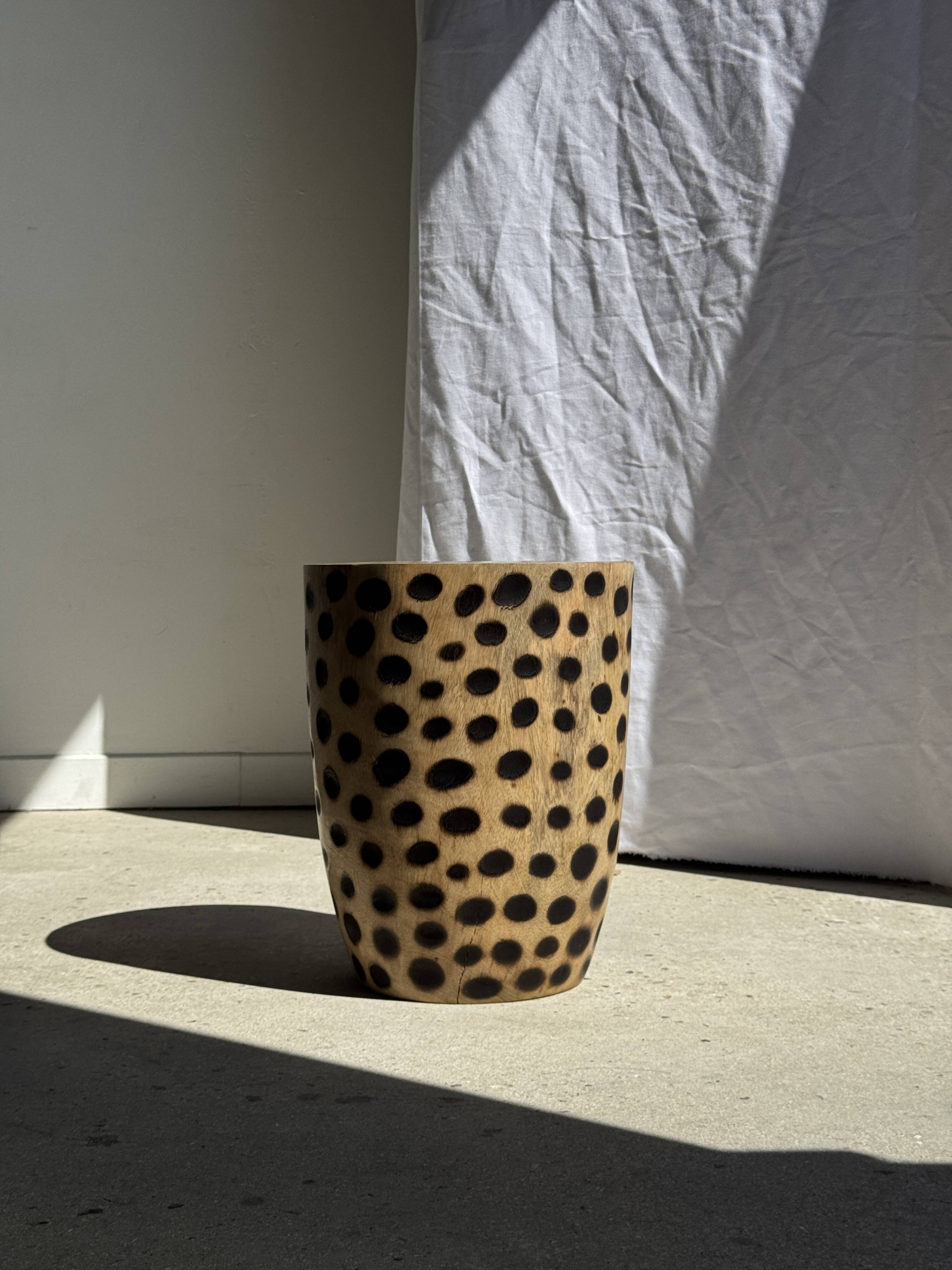Stool, side table, cylindrical solid mango wood end table.