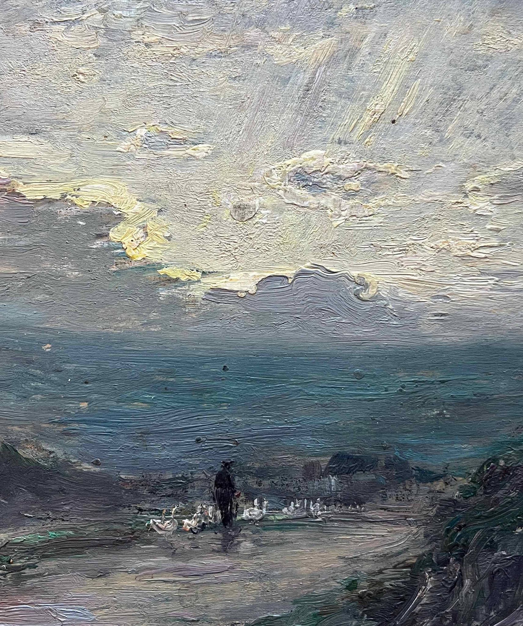 HSP painting "Shepherd with geese at dusk" attr. HL Foreau (1866-1938)