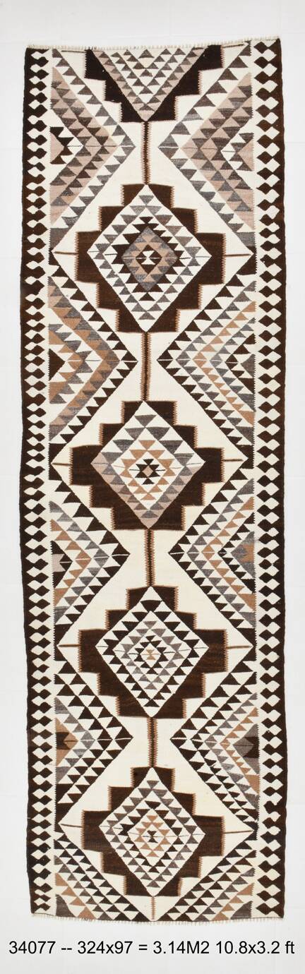 3x10 Brown Beige Persian Kilim Runner Rug, 97x324Cm