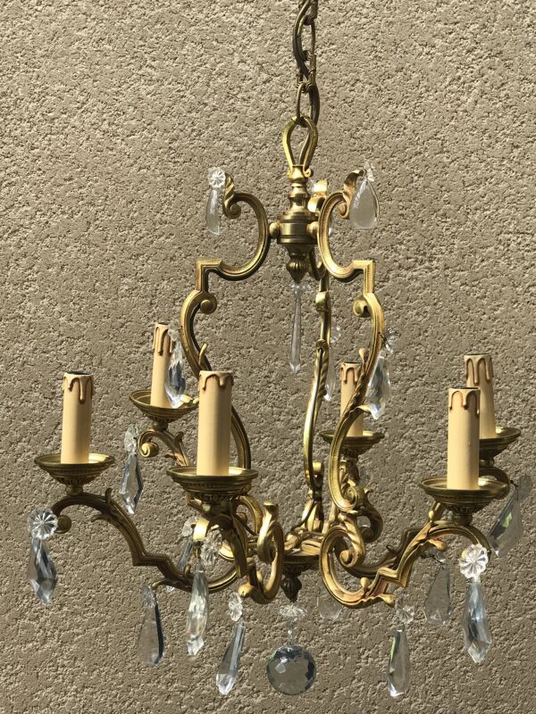 Lustre cage en bronze avec pampilles ,6 lampes