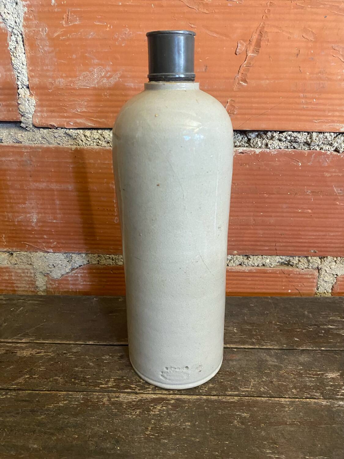 Vintage grey glazed stoneware bottle paul langeron with metal stopper