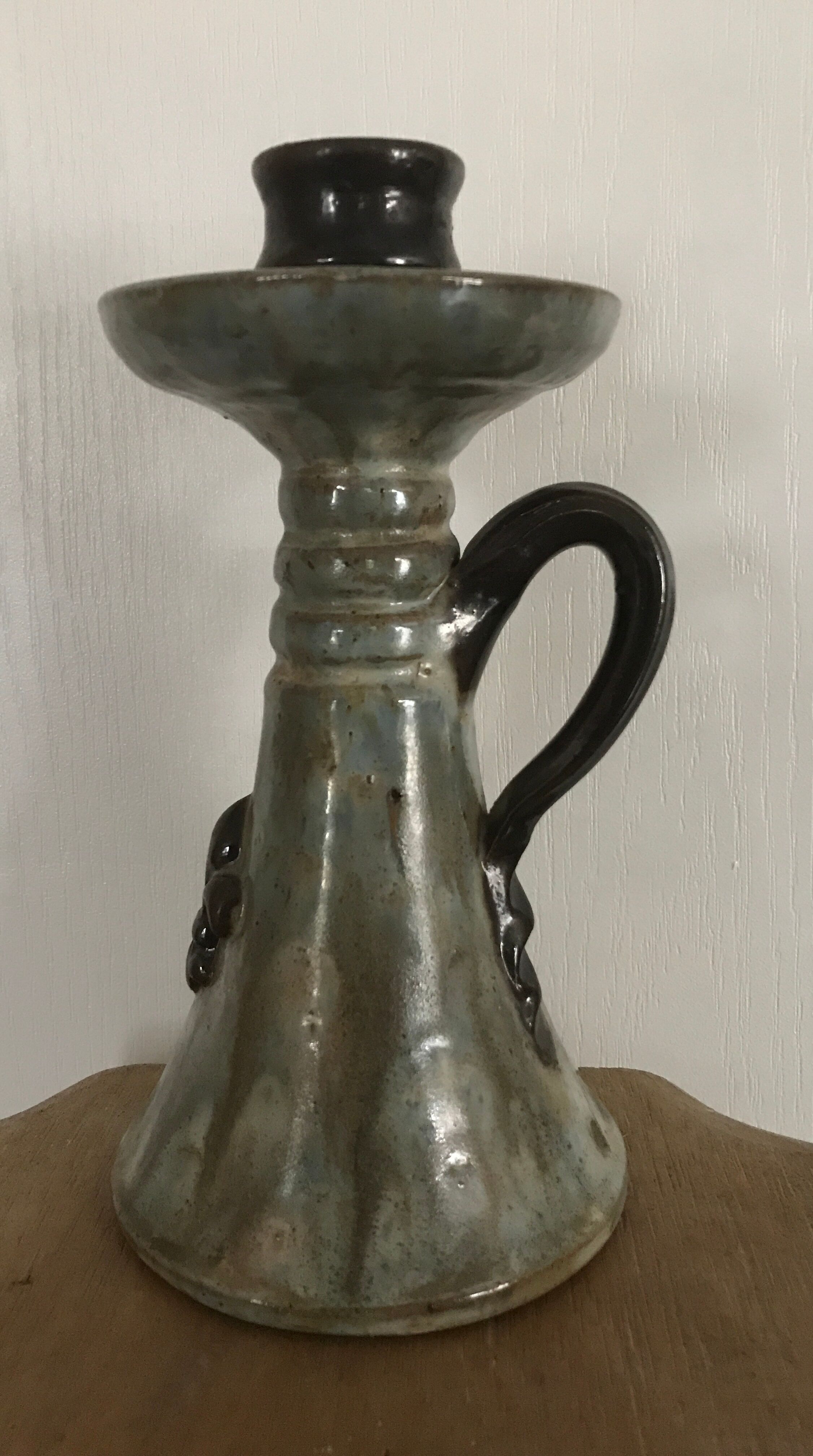 Candle holder old sandstone blue glazed bouffioulx signed dubois décor de lys