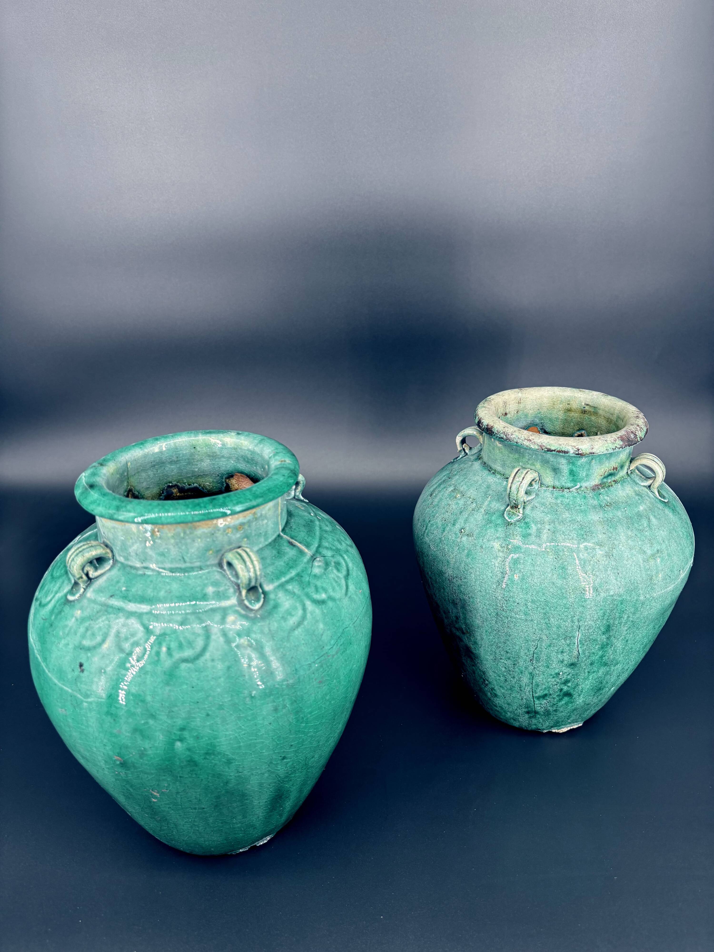 Pair of ancient turquoise glazed stoneware vases, China, late 19th century.