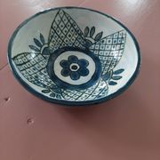 barbotine style salad bowl with blue floral pattern