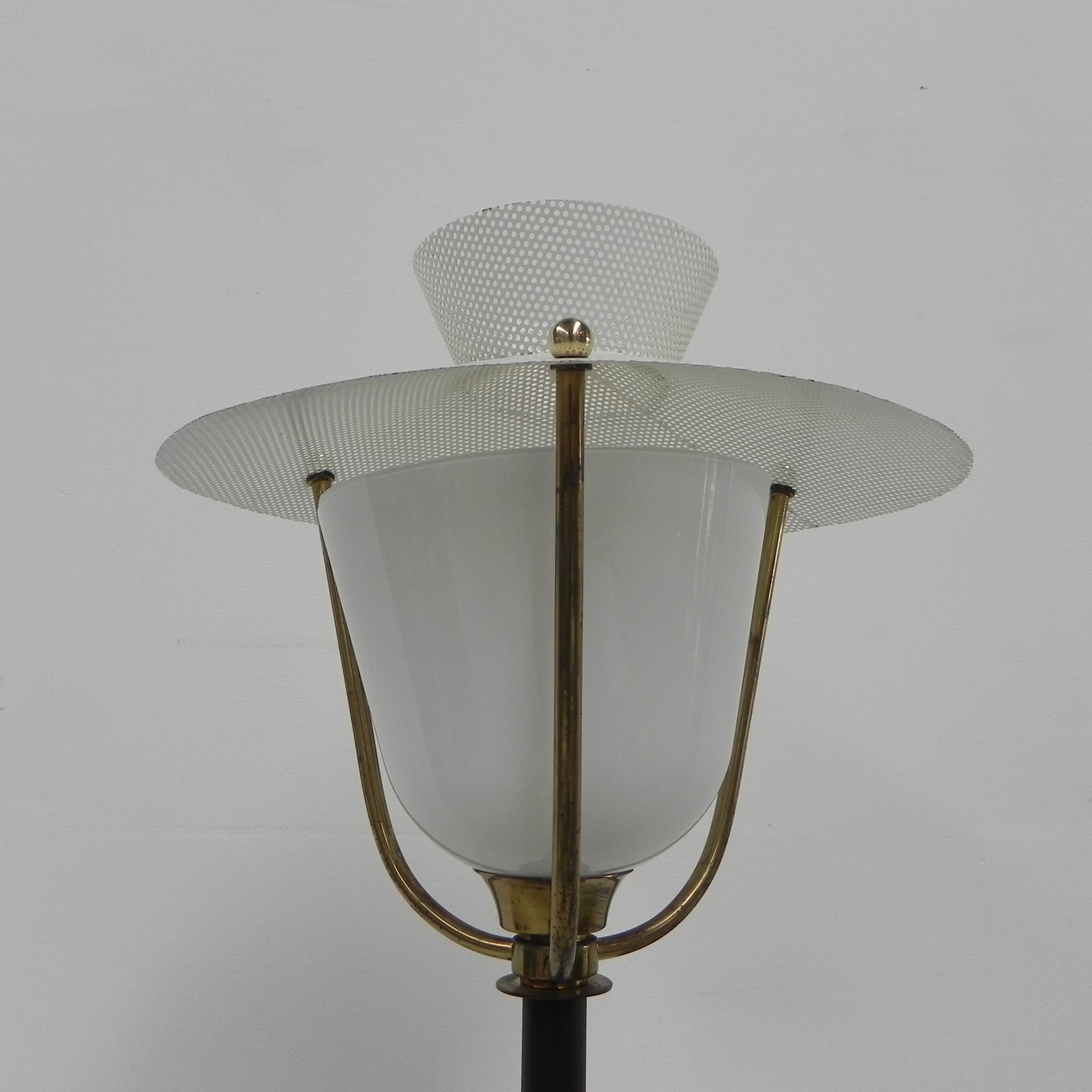 Standing vintage lamp with glass shade and perforated steel shade