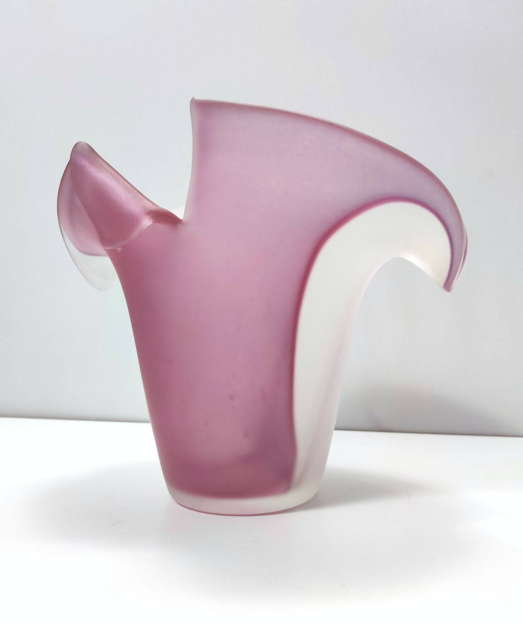 Stunning Double Color White and Pink Etched Murano Glass Vase, Italy, 1980s