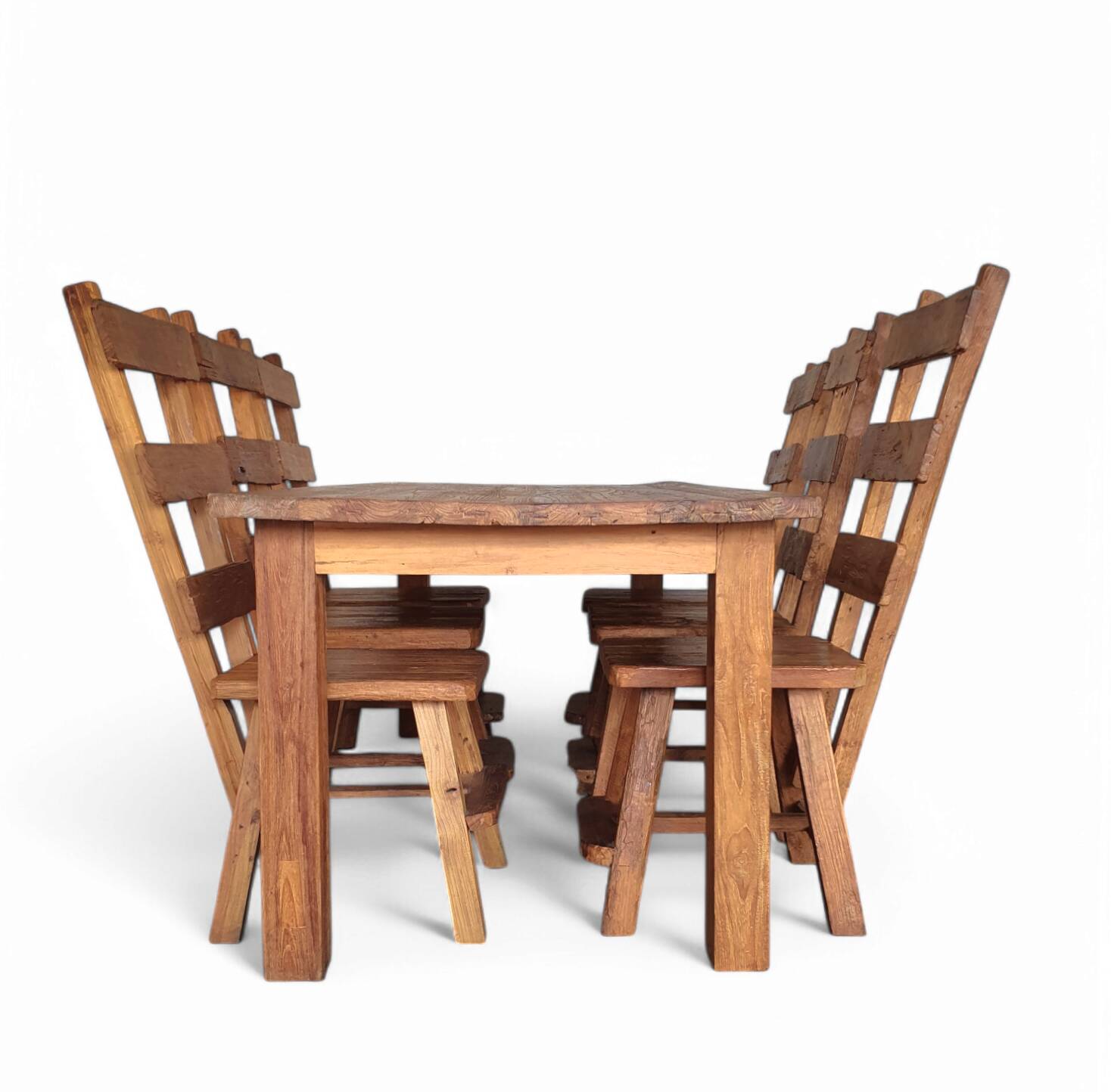 Elm wood brutalist wabi sabi dining set with 6 chairs & Table, 1960s