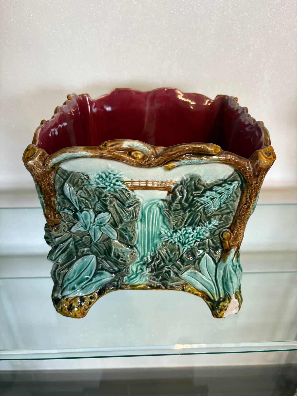 Antique cache-pot in earthenware barbotine – landscape & train decoration – early