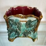 Antique cache-pot in earthenware barbotine – landscape & train decoration – early