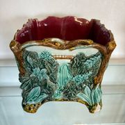 Antique cache-pot in earthenware barbotine – landscape & train decoration – early