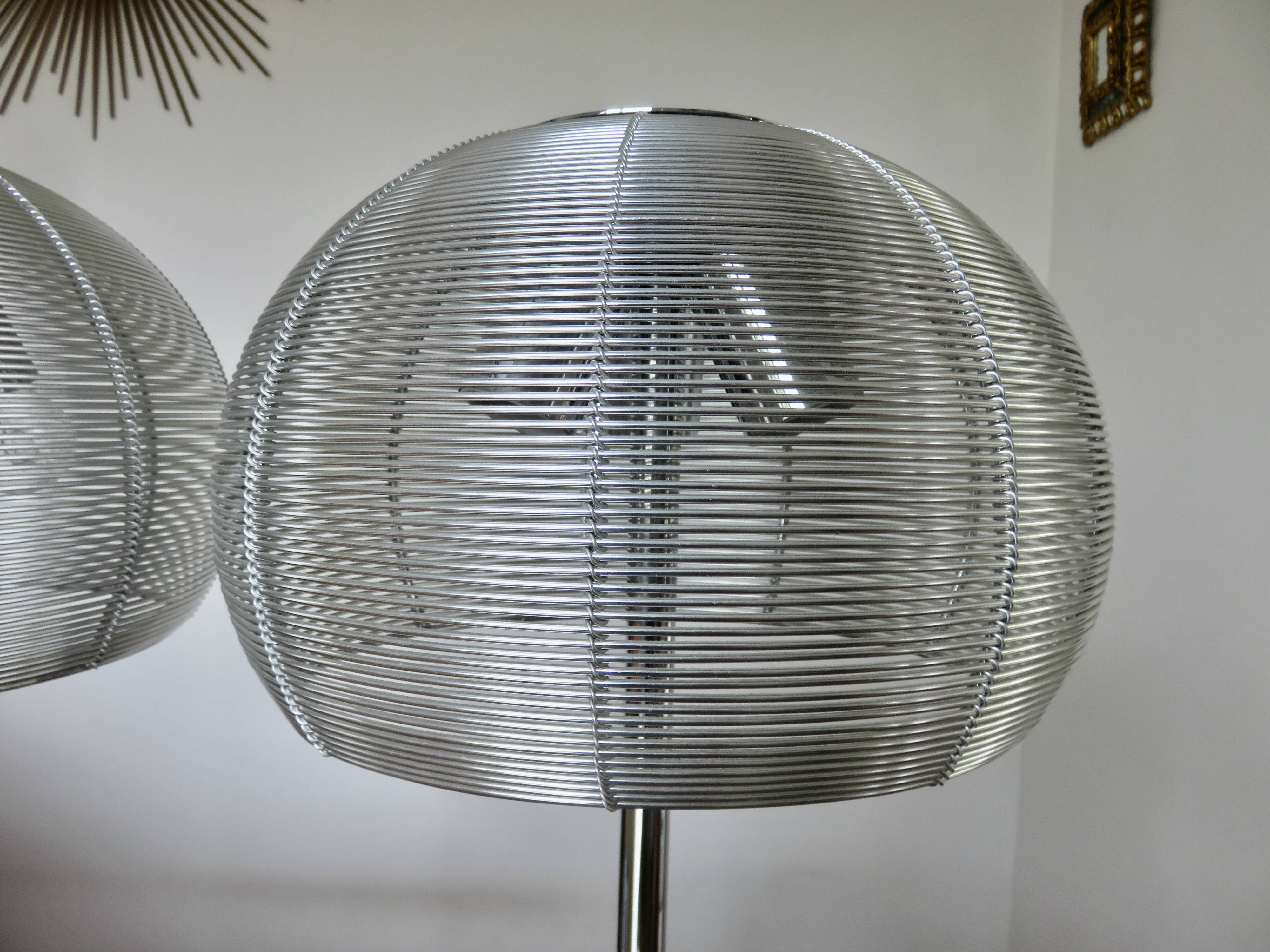 Pair of chrome-plated metal lamps with aluminum wire shades, 1990