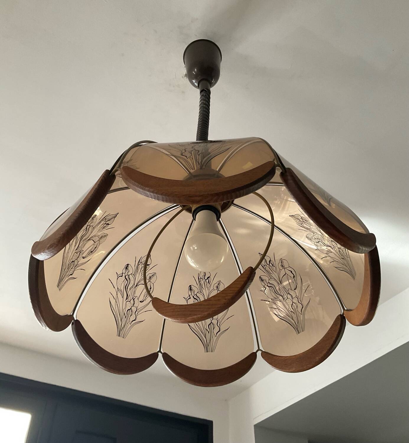 Scandinavian style glass and wood pendant light.