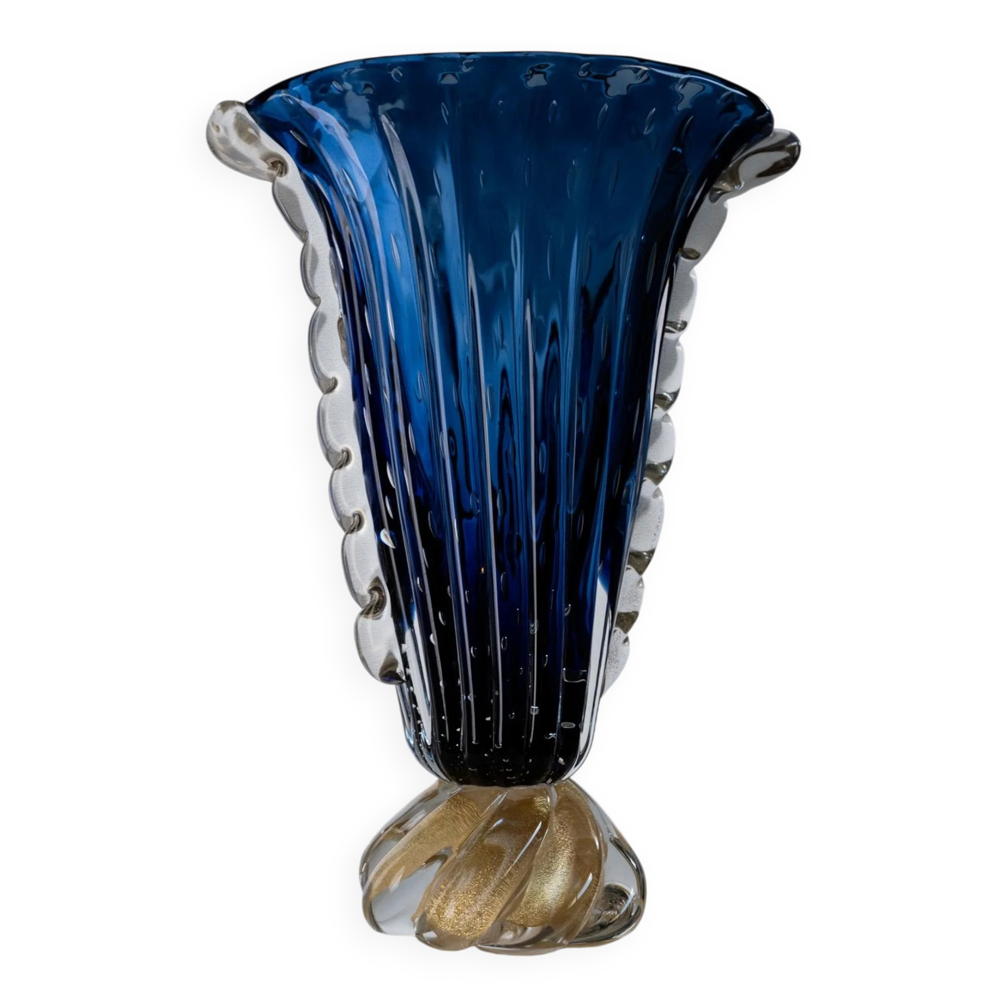 Vintage Murano glass vase by Barovier, royal blue with gold, 1960s.