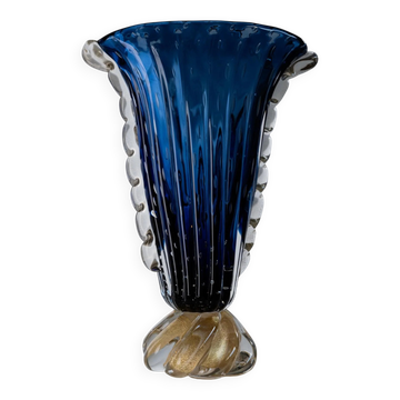 Vintage Murano glass vase by Barovier, royal blue with gold, 1960s.