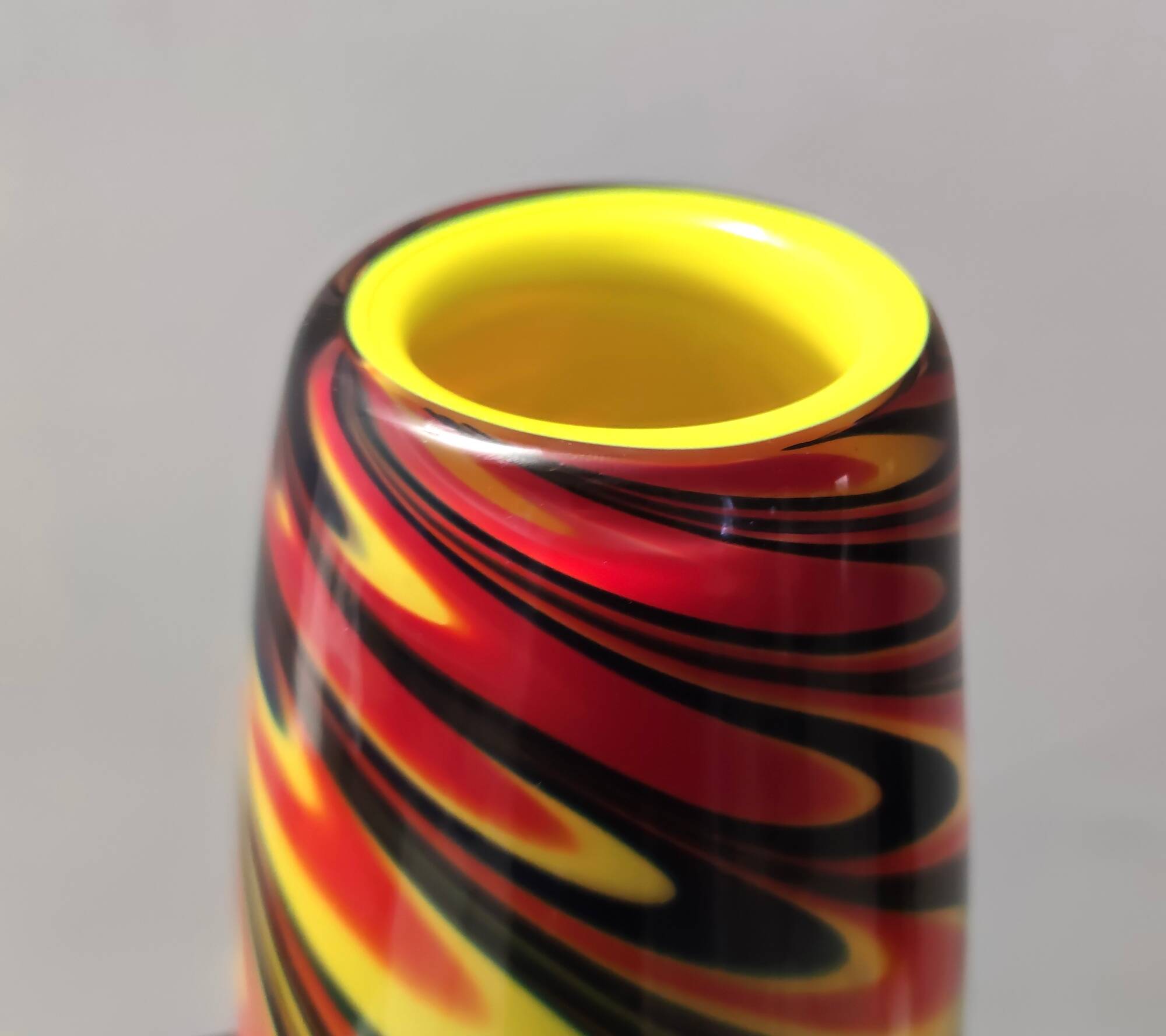 Black, Red and Yellow Encased Hand-Blown Murano Glass Flower Vase, Italy