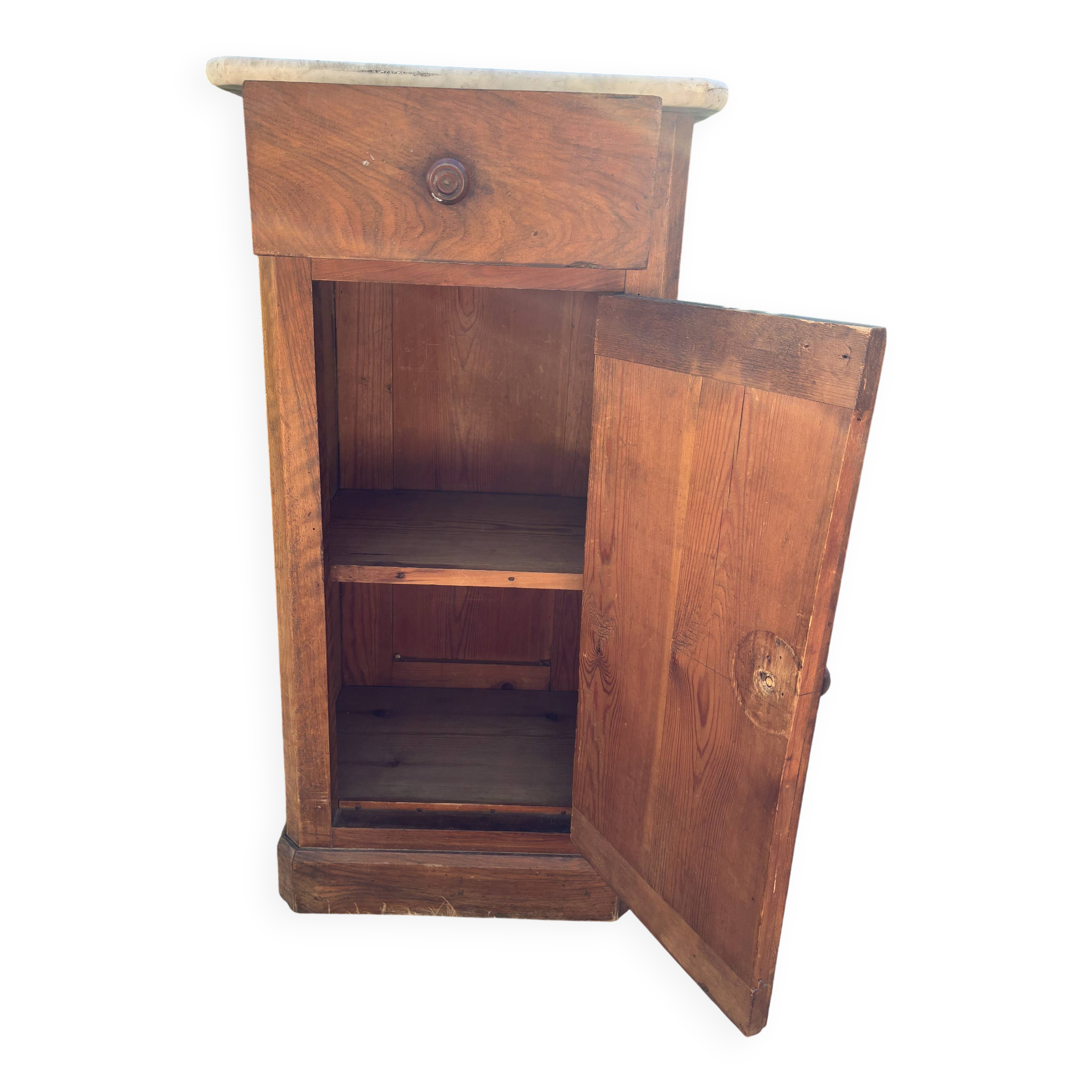 Antique wooden bedside table with marble