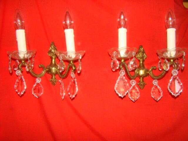 pair of bronze and crystal wall lights with 2 arms