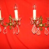 pair of bronze and crystal wall lights with 2 arms