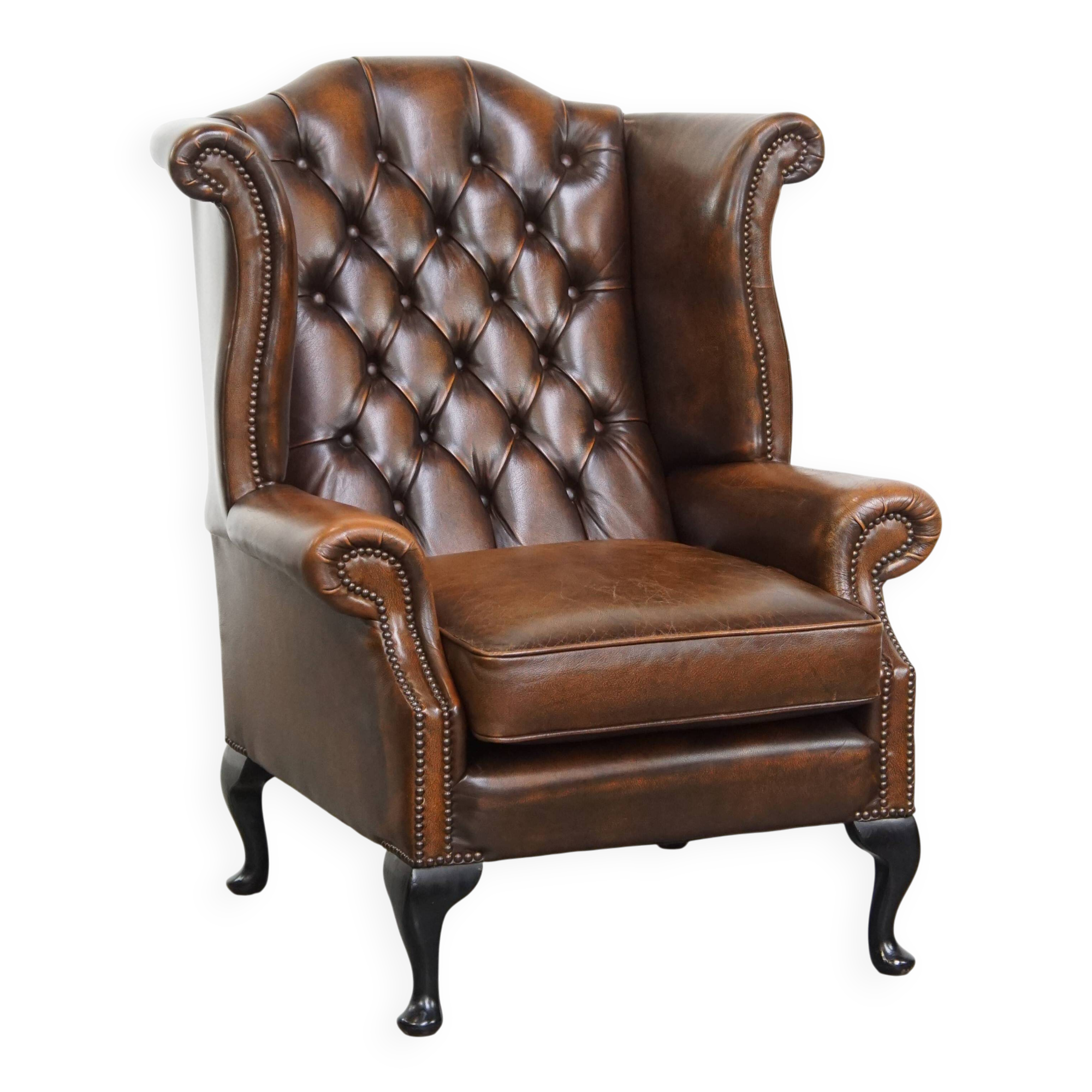 English style brown cowhide Chesterfield armchair