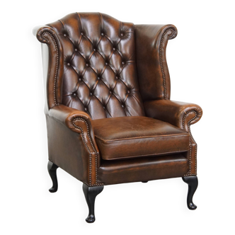 Brown Cowhide Leather Chesterfield Wingback Chair in English Style