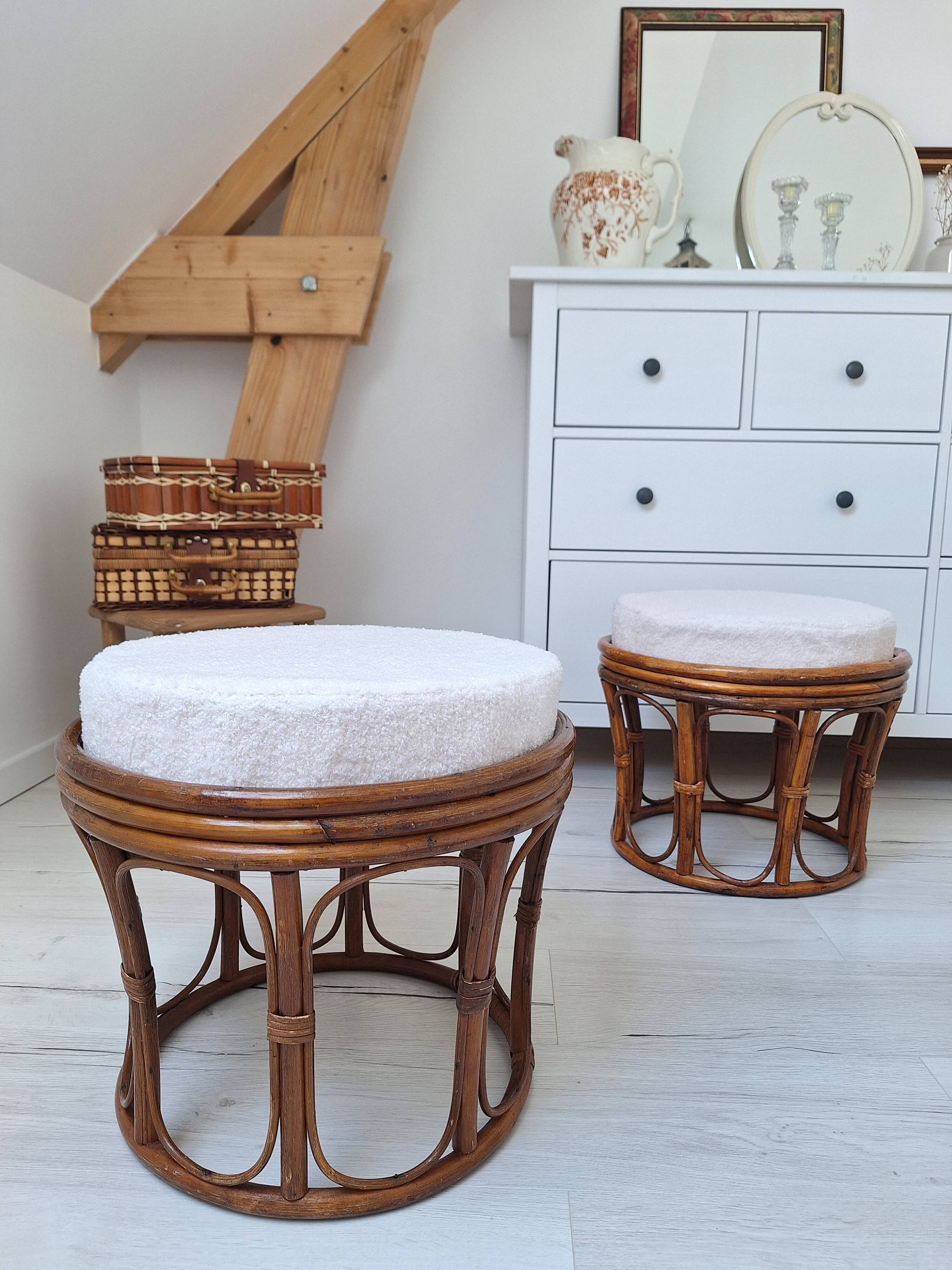 Vintage rattan and French terry fabric pouf