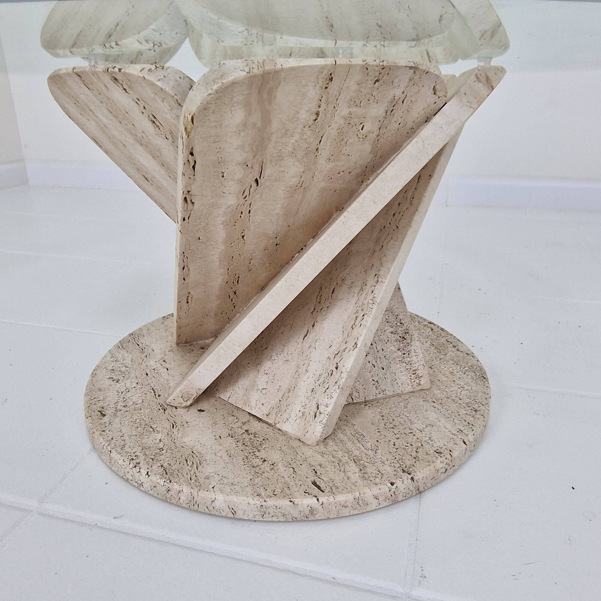 Italian "Flower" Coffee Table in Travertine With Facet-cut Round Plate, 1980s