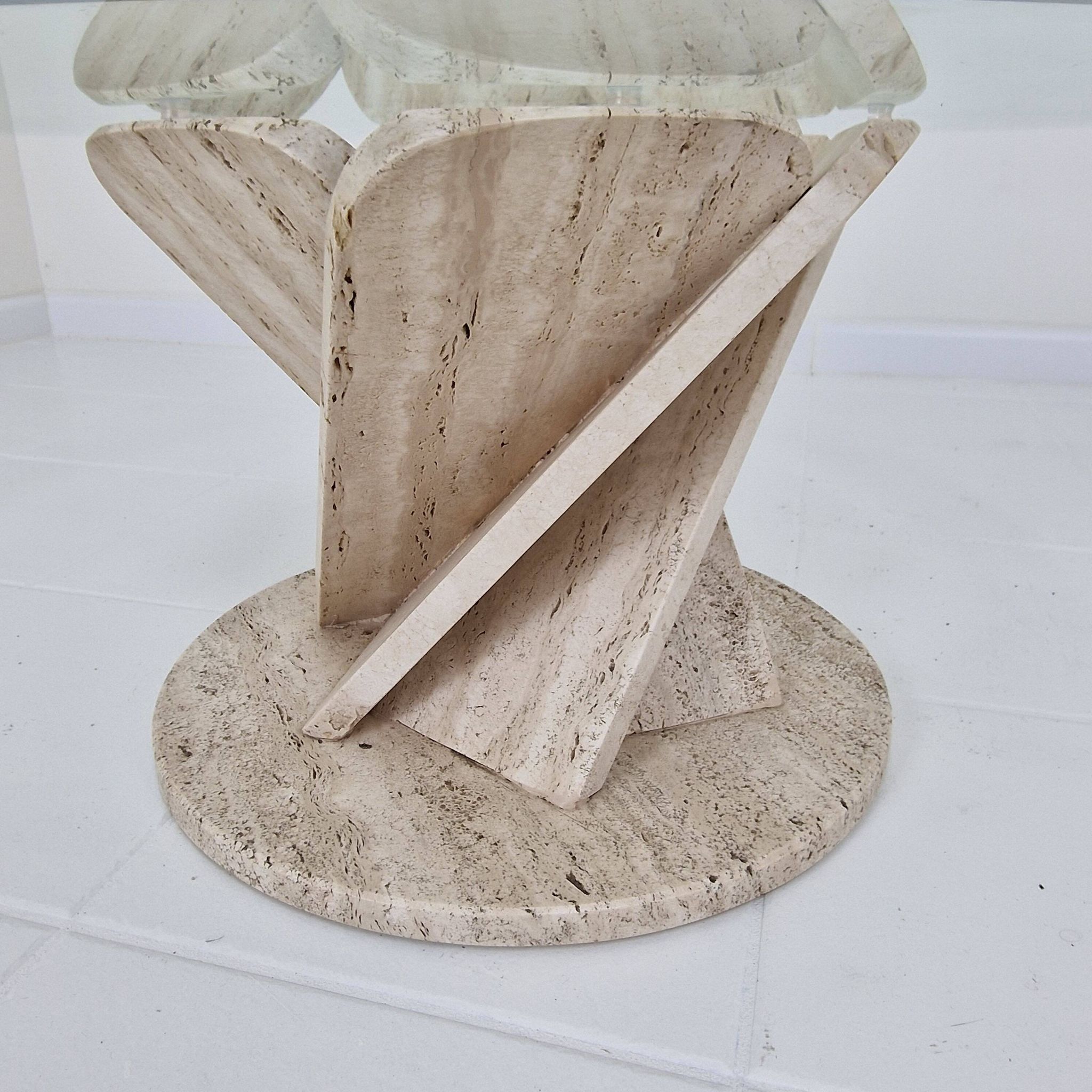 Italian "Flower" Coffee Table in Travertine With Facet-cut Round Plate, 1980s