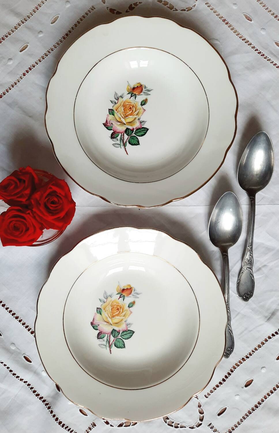 Old mismatched earthenware soup plates