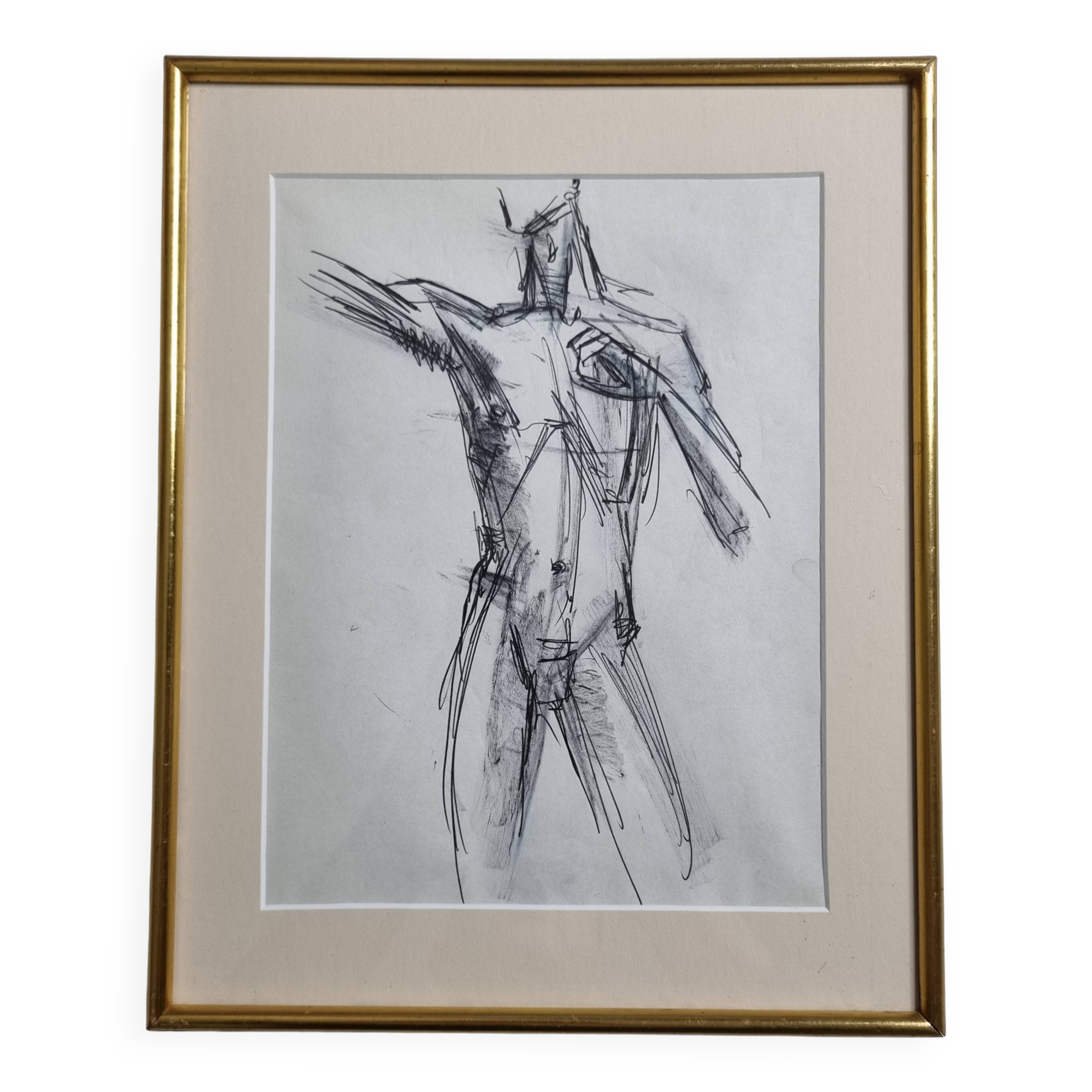 Charcoal study of a male nude, attributed to Maurice de Bus, gilded frame, 26 x 32 cm