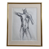 Charcoal study of a male nude, attributed to Maurice de Bus, gilded frame, 26 x 32 cm