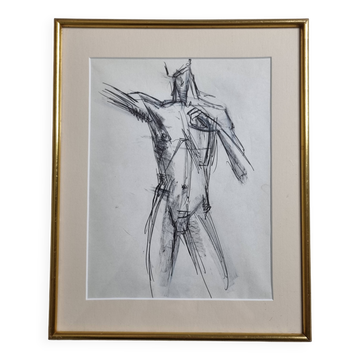 Charcoal study of a male nude, attributed to Maurice de Bus, gilded frame, 26 x 32 cm
