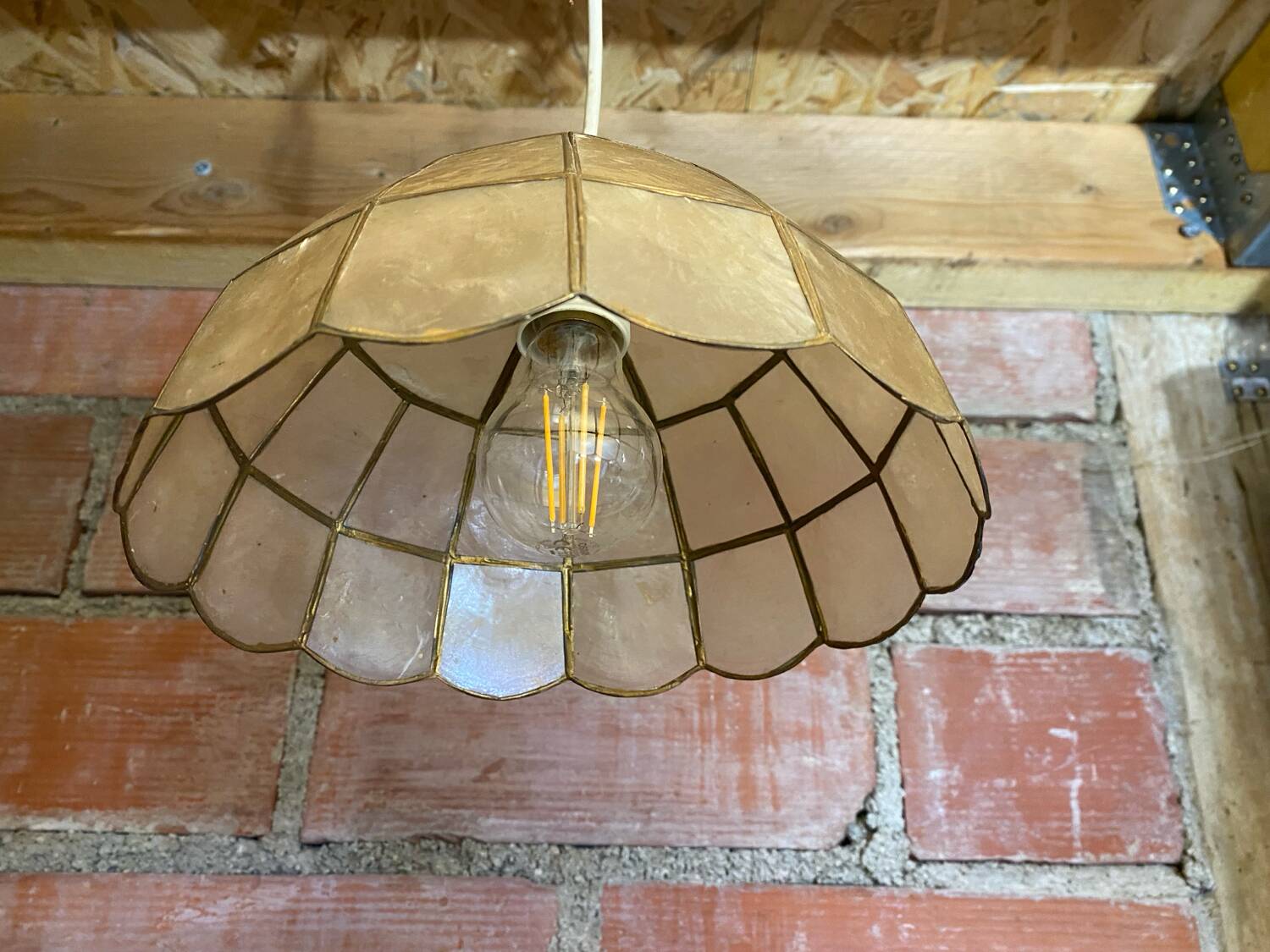 Antique Art Deco Style Pendant Light, Mother-of-Pearl & Brass, 1970s Vintage