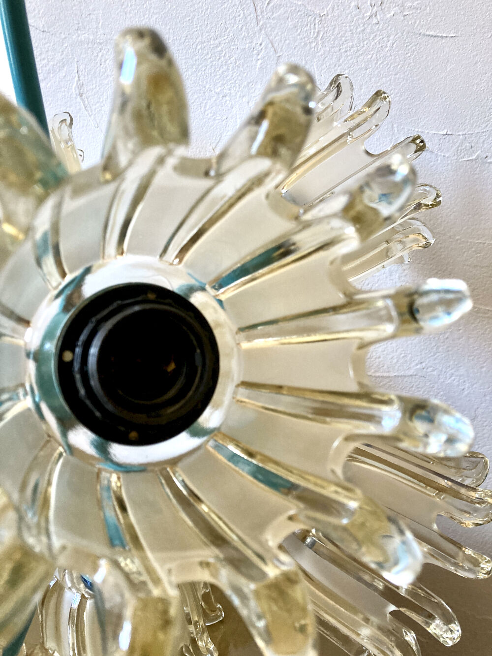 Turquoise glass and metal chandelier with 9 lights, Leclaire & Schäfer, 1960