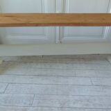 Vintage bench re-enchanted in pearl gray, wooden seat.