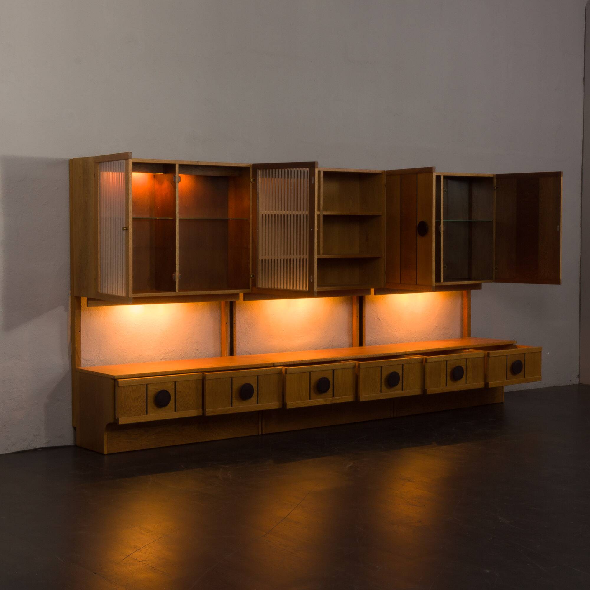 Scandinavian mid century oak wall unit with backlit, Denmark 1970s
