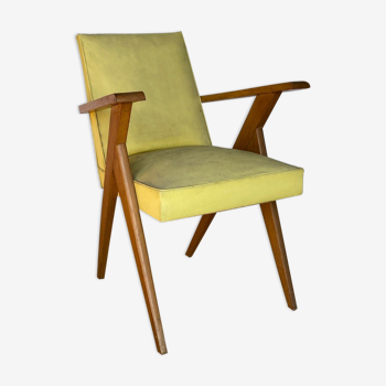 Fauteuil 1960 travail français assise jaune pieds compas