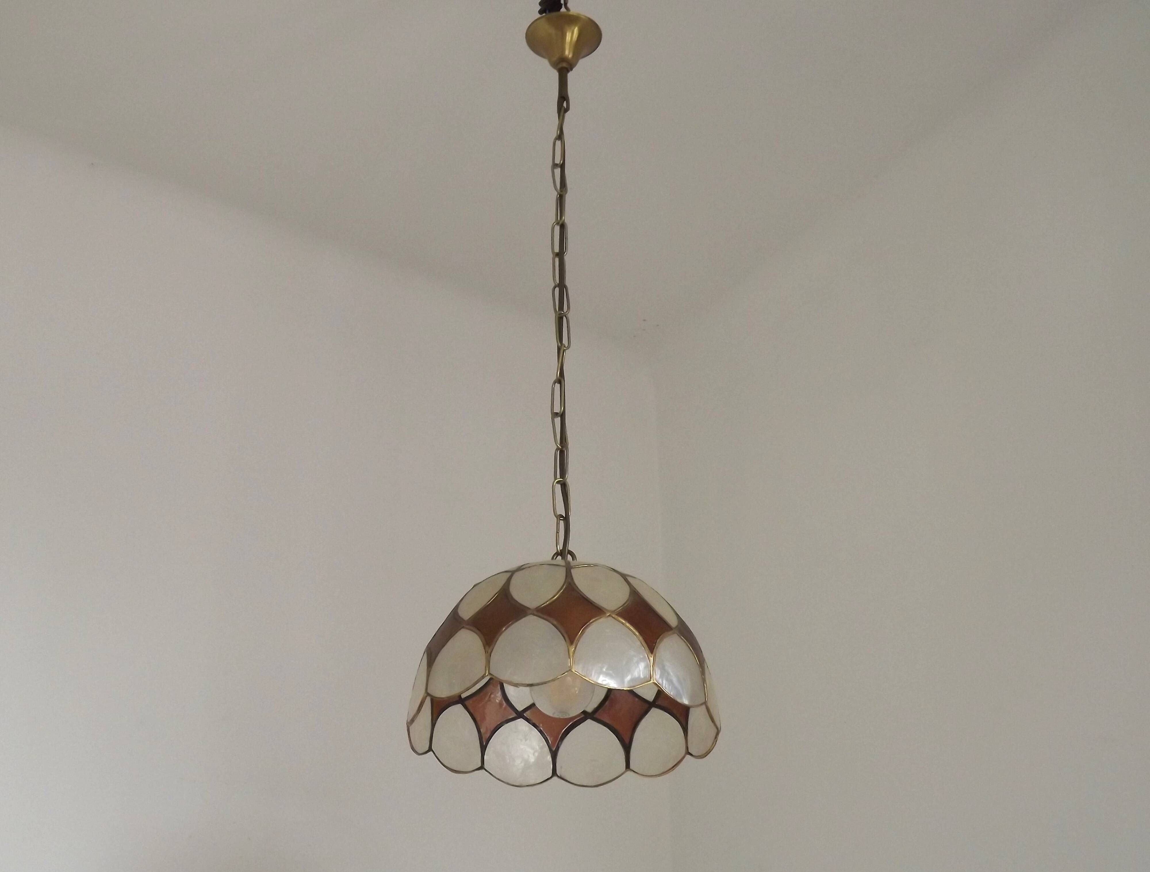 French Vintage Capiz Shell Hanging Pendant Light in Brown & White Gold Trim
