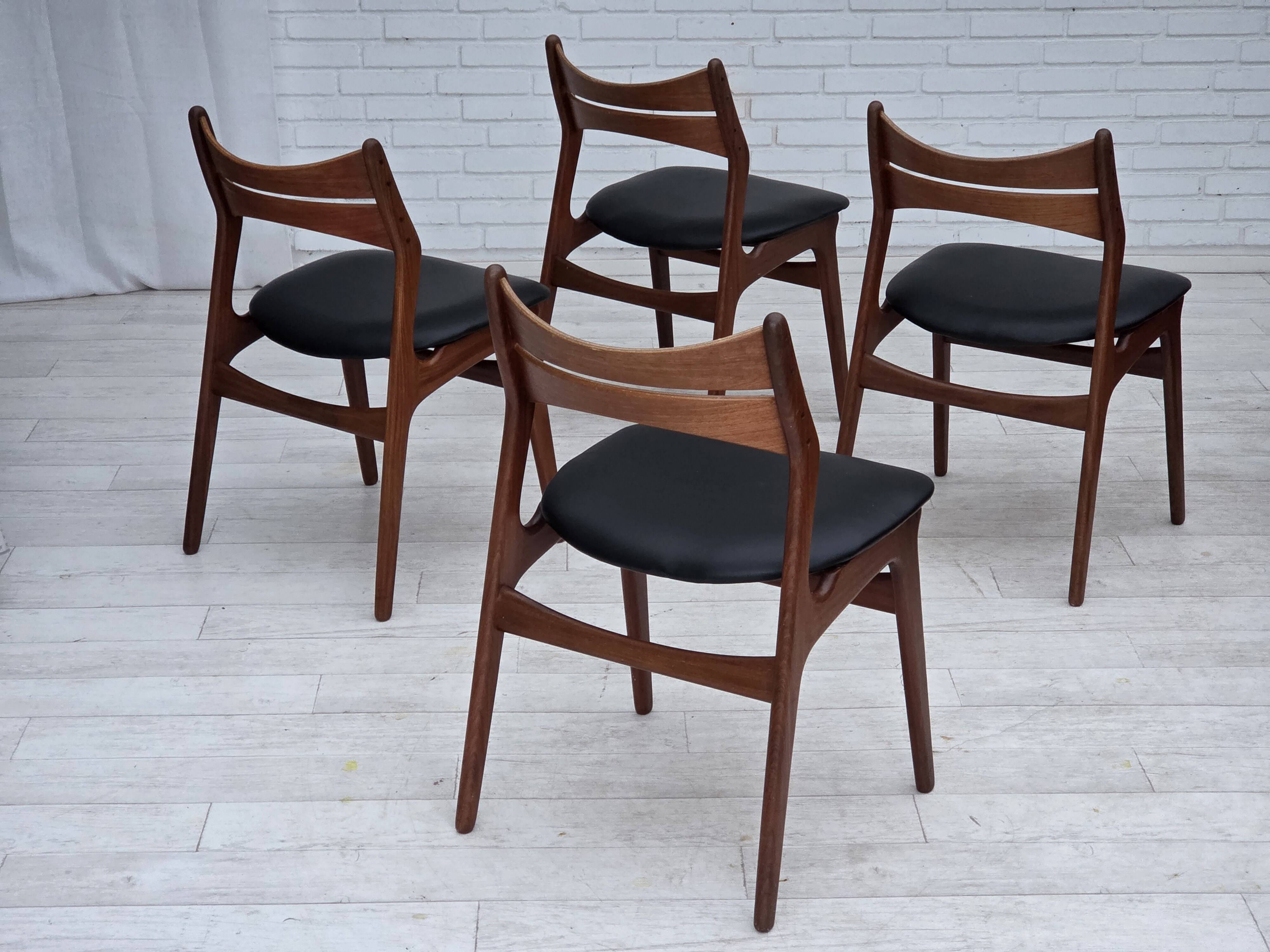 1960s, set of 4 reupholstered Danish dining chairs, design by Erik Buck.