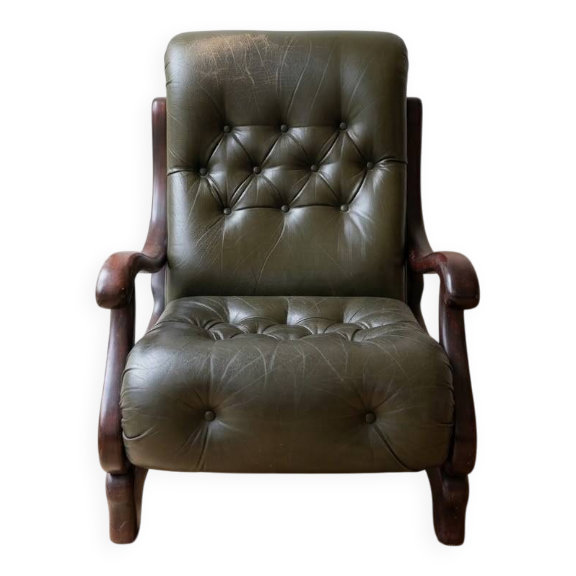Vintage green leather tufted armchair - 1970s