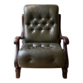Fauteuil vintage en cuir vert capitonné - années 70