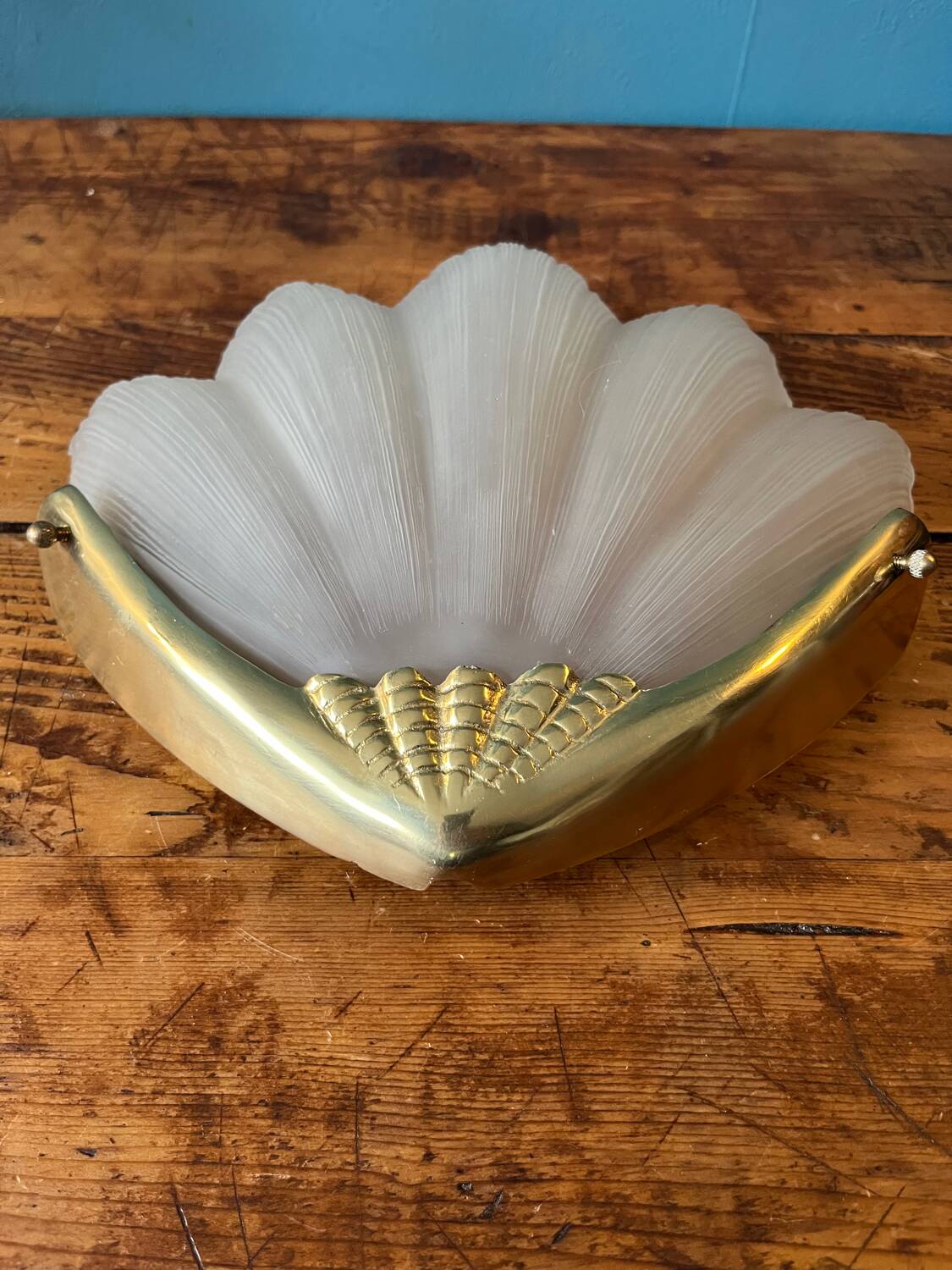 2 brass shell wall lamp covers in art deco molded glass