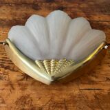 2 brass shell wall lamp covers in art deco molded glass